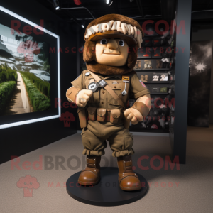 Brown Para Commando mascot costume character dressed with a Rugby Shirt and Belts