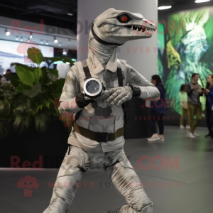 Silver Coelophysis mascot costume character dressed with a Bodysuit and Digital watches