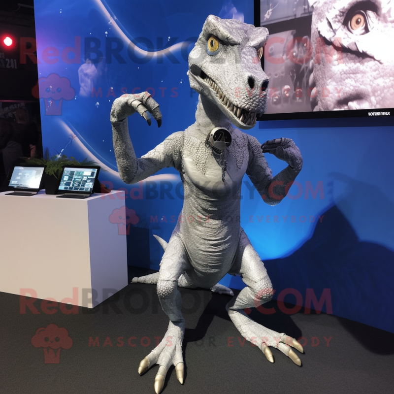 Silver Coelophysis mascot costume character dressed with a Bodysuit and Digital watches