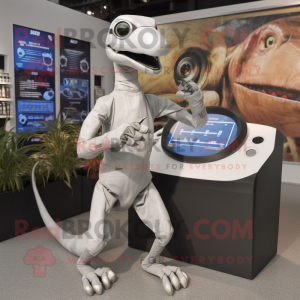 Silver Coelophysis mascot costume character dressed with a Bodysuit and Digital watches