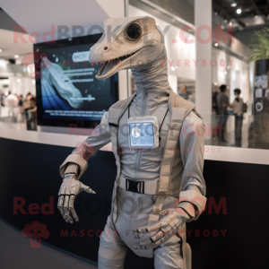 Silver Coelophysis mascot costume character dressed with a Bodysuit and Digital watches