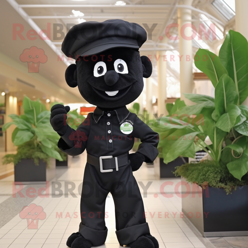 Black Spinach mascot costume character dressed with a Poplin Shirt and Berets Black Spinach mascot costume character dressed with a Poplin Shirt and Berets