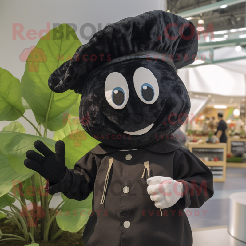 Black Spinach mascot costume character dressed with a Poplin Shirt and Berets