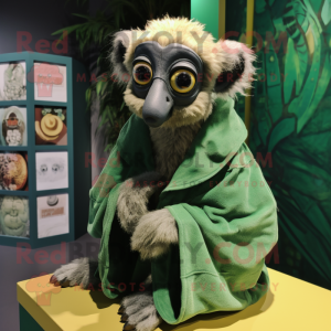 Green Lemur mascot costume character dressed with a Romper and Shawl pins