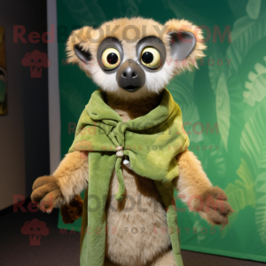 Green Lemur mascot costume character dressed with a Romper and Shawl pins