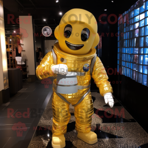 Gold Astronaut mascot costume character dressed with a Flannel Shirt and Tote bags