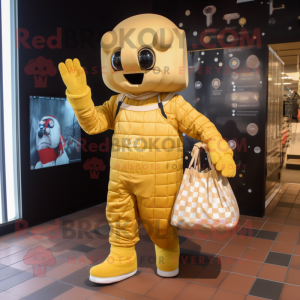 Gold Astronaut mascot costume character dressed with a Flannel Shirt and Tote bags