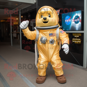 Gold Astronaut mascot costume character dressed with a Flannel Shirt and Tote bags