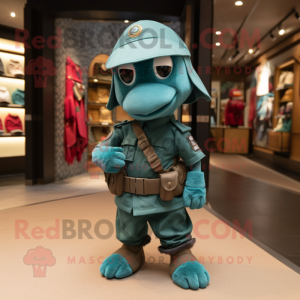 Teal Army Soldier mascot costume character dressed with a Chinos and Shawls