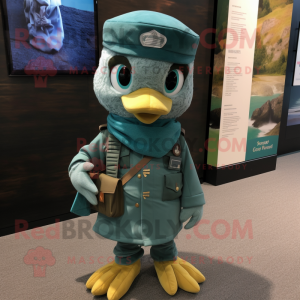 Teal Army Soldier mascot costume character dressed with a Chinos and Shawls