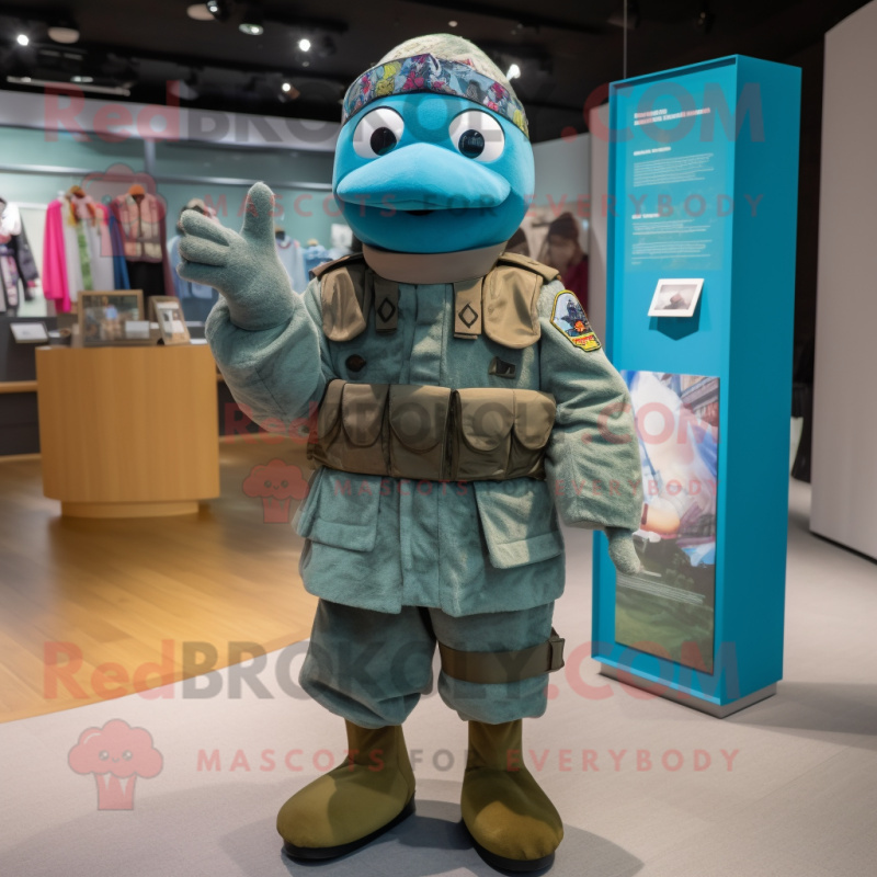 Teal Army Soldier mascot costume character dressed with a Chinos and Shawls