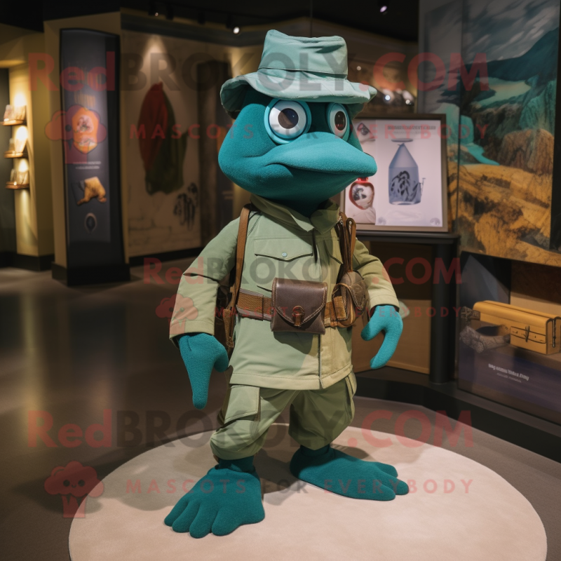 Teal Army Soldier mascot costume character dressed with a Chinos and Shawls Teal Army Soldier mascot costume character dressed with a Chinos and Shawls