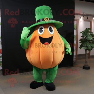 Forest Green Pumpkin mascot costume character dressed with a Culottes and Suspenders