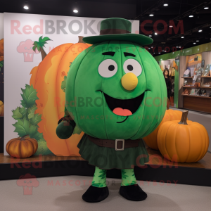 Forest Green Pumpkin mascot costume character dressed with a Culottes and Suspenders