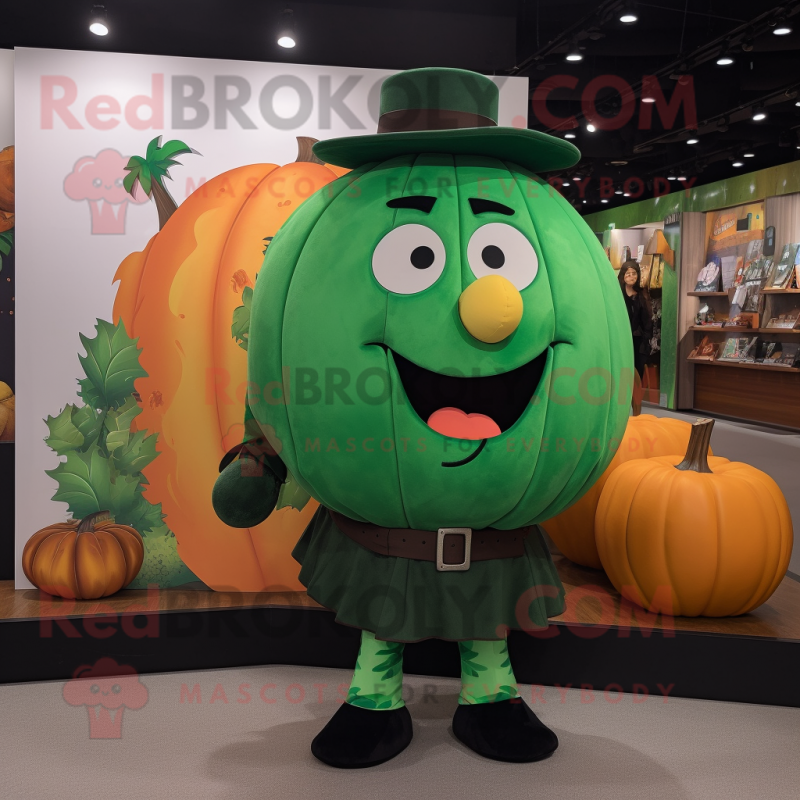 Forest Green Pumpkin mascot costume character dressed with a Culottes and Suspenders Forest Green Pumpkin mascot costume character dressed with a Culottes and Suspenders
