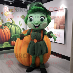 Forest Green Pumpkin mascot costume character dressed with a Culottes and Suspenders