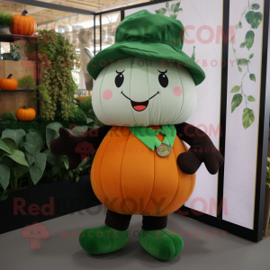 Forest Green Pumpkin mascot costume character dressed with a Culottes and Suspenders