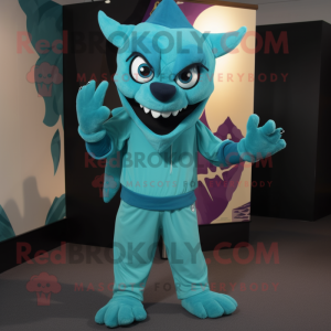 Teal Devil mascot costume character dressed with a Poplin Shirt and Beanies