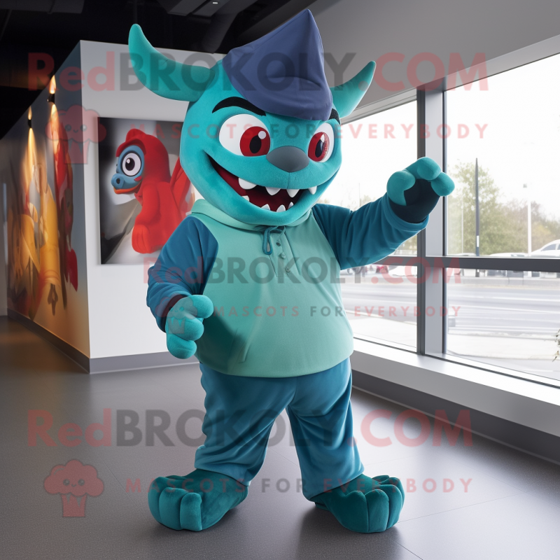 Teal Devil mascot costume character dressed with a Poplin Shirt and Beanies