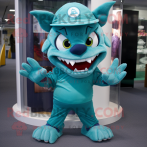 Teal Devil mascot costume character dressed with a Poplin Shirt and Beanies