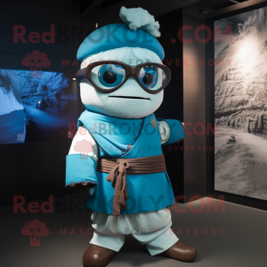 Cyan Samurai mascot costume character dressed with a Henley Shirt and Eyeglasses