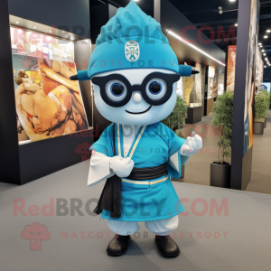 Cyan Samurai mascot costume character dressed with a Henley Shirt and Eyeglasses