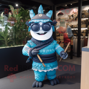 Cyan Samurai mascot costume character dressed with a Henley Shirt and Eyeglasses