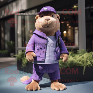 Purple Capybara mascot costume character dressed with a Skinny Jeans and Berets