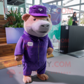 Purple Capybara mascot costume character dressed with a Skinny Jeans and Berets