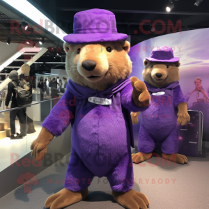 Purple Capybara mascot costume character dressed with a Skinny Jeans and Berets