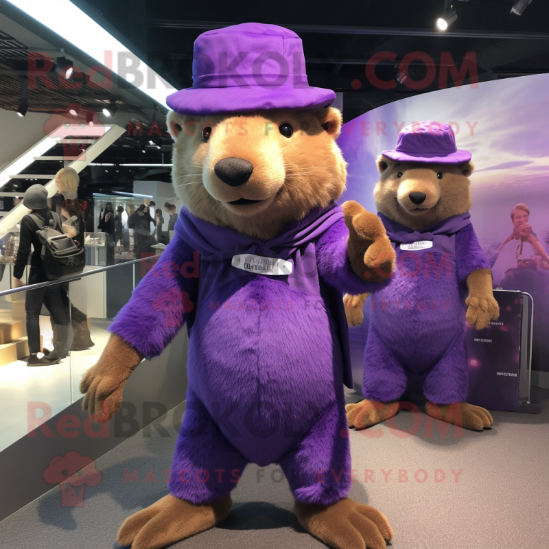Purple Capybara mascot costume character dressed with a Skinny Jeans and Berets Purple Capybara mascot costume character dressed with a Skinny Jeans and Berets