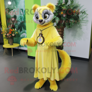 Lemon Yellow Lemur mascot costume character dressed with a Shift Dress and Brooches