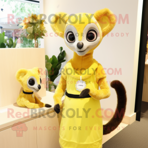 Lemon Yellow Lemur mascot costume character dressed with a Shift Dress and Brooches