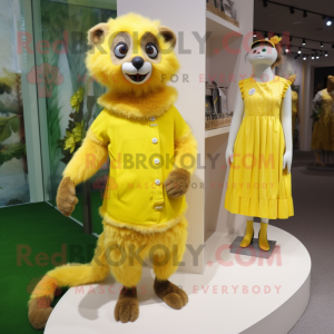 Lemon Yellow Lemur mascot costume character dressed with a Shift Dress and Brooches