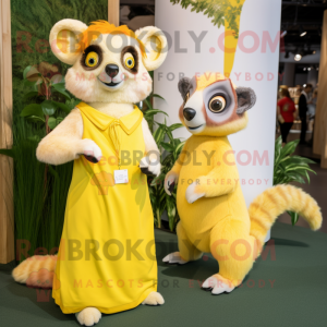 Lemon Yellow Lemur mascot costume character dressed with a Shift Dress and Brooches