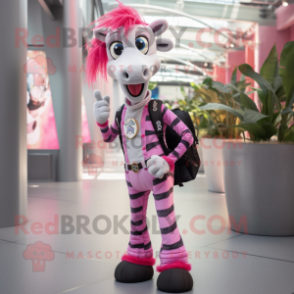 Pink Zebra mascot costume character dressed with a Skinny Jeans and Backpacks