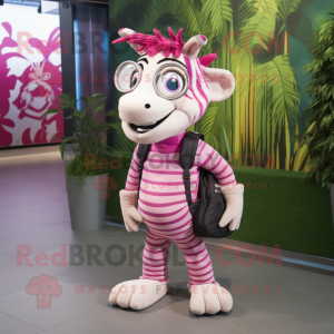 Pink Zebra mascot costume character dressed with a Skinny Jeans and Backpacks