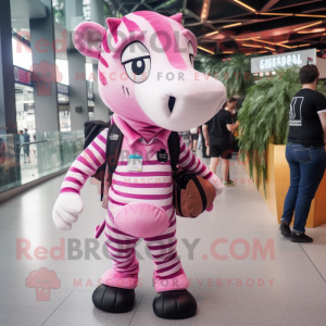 Pink Zebra mascot costume character dressed with a Skinny Jeans and Backpacks