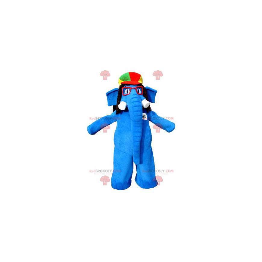 Blauwe olifant mascotte met bril en een kleurrijke hoed -