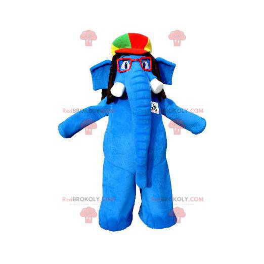 Blaues Elefantenmaskottchen mit Brille und einem bunten Hut -