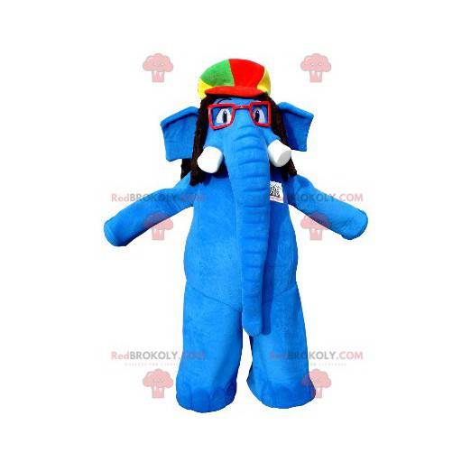 Blauwe olifant mascotte met bril en een kleurrijke hoed -