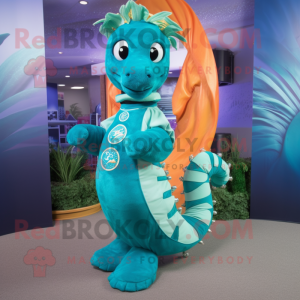 Turquoise Seahorse mascot costume character dressed with a A-Line Dress and Bracelets