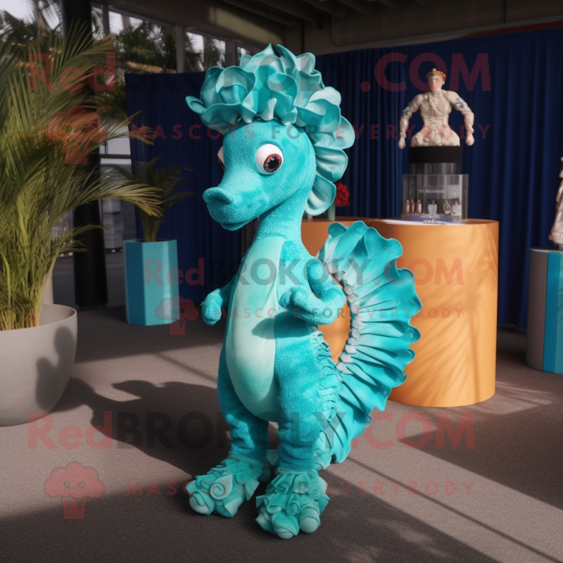 Turquoise Seahorse mascot costume character dressed with a A-Line Dress and Bracelets