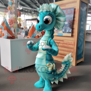 Turquoise Seahorse mascot costume character dressed with a A-Line Dress and Bracelets