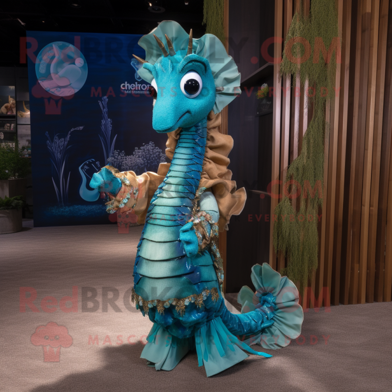 Turquoise Seahorse mascot costume character dressed with a A-Line Dress and Bracelets