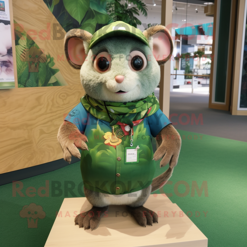 Forest Green Dormouse mascot costume character dressed with a Rash Guard and Necklaces