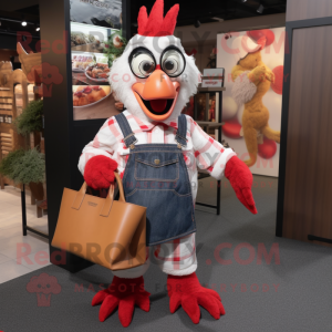 nan Roosters mascot costume character dressed with a Overalls and Tote bags