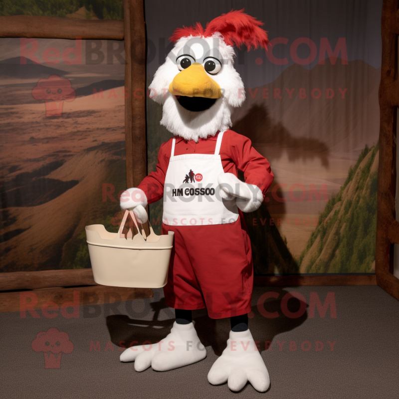 nan Roosters mascot costume character dressed with a Overalls and Tote bags nan Roosters mascot costume character dressed with a Overalls and Tote bags