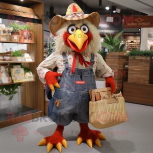 nan Roosters mascot costume character dressed with a Overalls and Tote bags