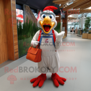 nan Roosters mascot costume character dressed with a Overalls and Tote bags